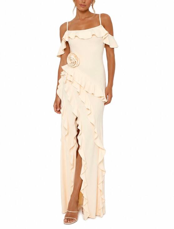 JLUXLABEL Dresses & Skirts - JLUXLABEL Brenna Cream Ruffle Rosette Cold Shoulder Maxi Dress Size XS